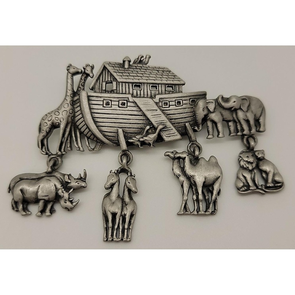 Vintage pewter tone‎ JJ Jonette Noah's Ark Dangling Animal Charms Brooch Pin